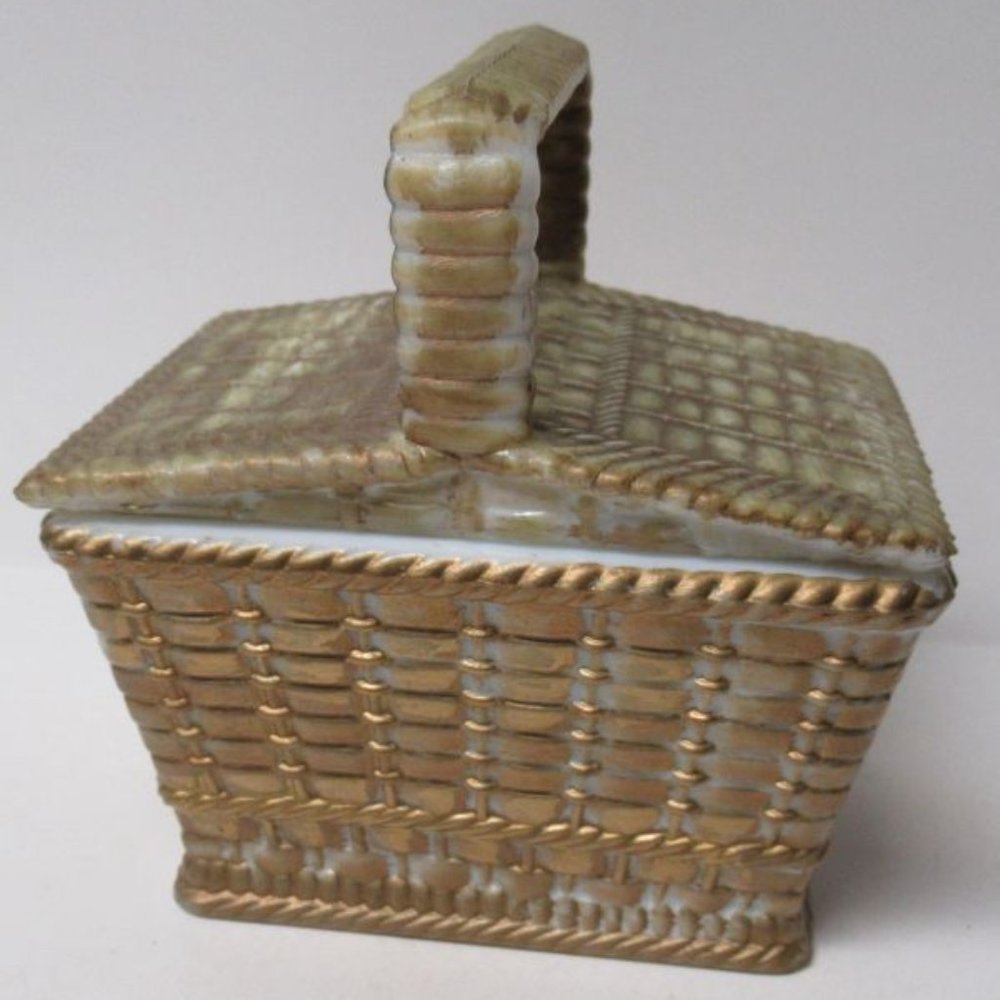 Westmoreland Antique Gold Flashed Milk Glass 5 Inch PICNIC BASKET Candy Dish